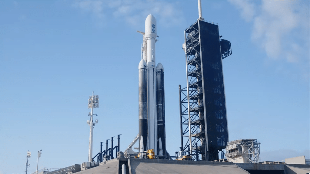 A SpaceX Falcon Heavy rocket with the Europa Clipper spacecraft aboard